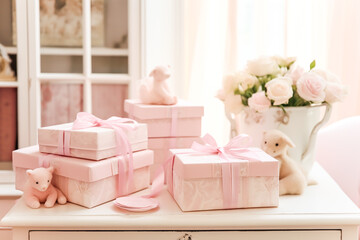 Baby shower for a girl with pale pink gift boxes, toys and flowers. Generative AI