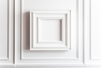 Empty white square wooden frame on classic wall with wainscot panelling, background for mockup. Generative AI