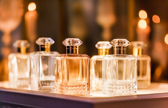 Luxury perfume bottles at a fragrance scent presentation at the event at night. Generative AI