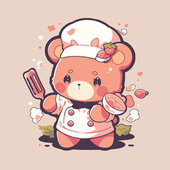 A cute teddy bear is wearing a chef hat and holding a spatula.
