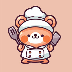A cartoon character of a cute little bear chef with a fork and a knife.