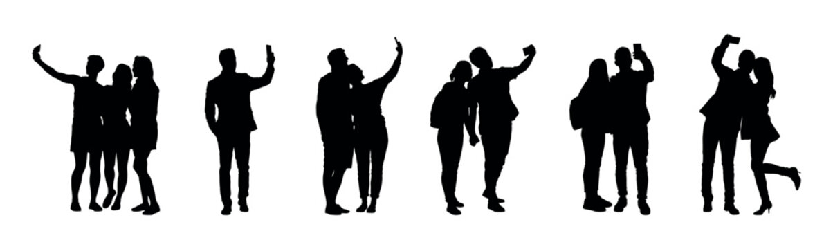 Collection of silhouette people taking selfie in different poses vector set.