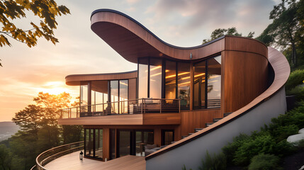 This gorgeous stock photo showcases a stunning modern house design featuring a beautiful integration of wood, steel, and glass, with a striking curved roofline and panoramic views of the surrounding n