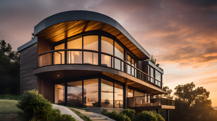 This gorgeous stock photo showcases a stunning modern house design featuring a beautiful integration of wood, steel, and glass, with a striking curved roofline and panoramic views of the surrounding n