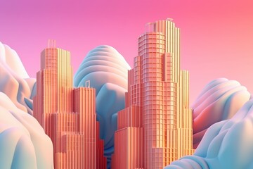 Multilayer paper skyscraper with patterns, paper art, summer colors, dreamy sky background, Generative AI