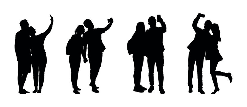 Silhouettes set of people taking selfie in different poses on white background flat vector.