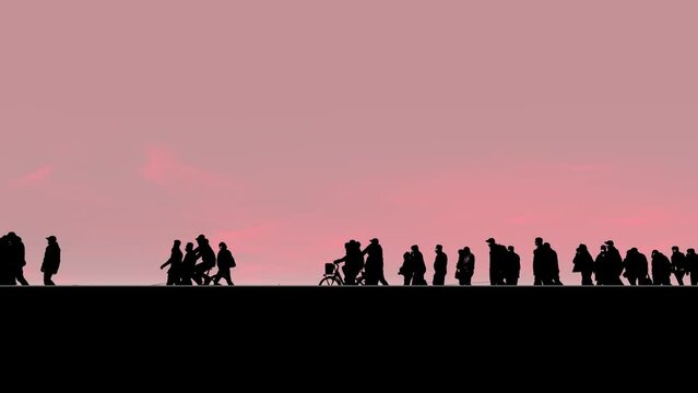 Silhouettes of people with children walk and ride bicycles