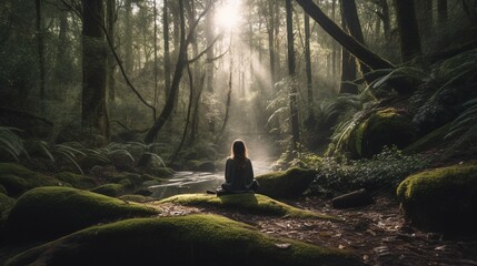 Person meditating in a peaceful forest symbolizing mindfulness and tranquility