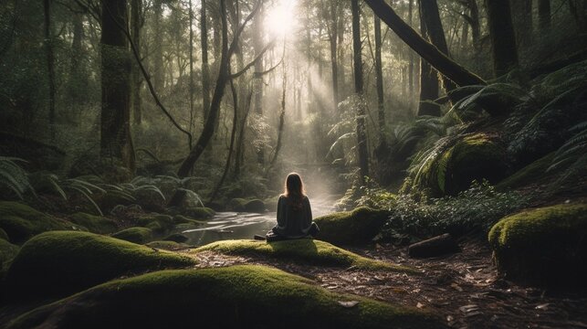 Person meditating in a peaceful forest symbolizing mindfulness and tranquility