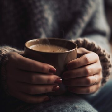 Close-up of a hand holding a cup of hot coffee or tea portraying coziness and relaxation