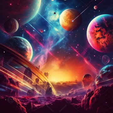 Illustration of a space scene with planets and stars