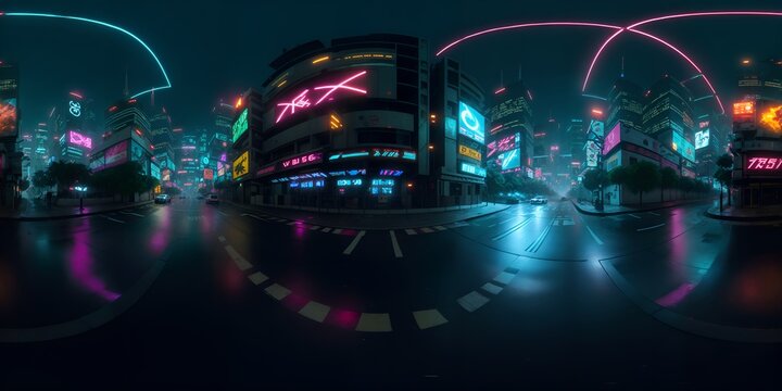 Full 360 degrees seamless spherical panorama HDRI equirectangular projection of Cyberpunk Night City Tron Future. Texture environment map for lighting and reflection source rendering 3d scenes.