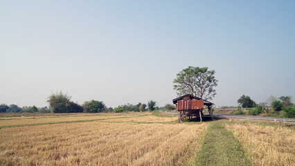 The old nature cottage with farm and blue sky. a traditional country cottage house. vacation...