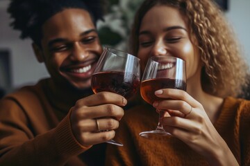 Date night - couple toasting to a night in, sharing drinks, romance, love, togetherness, and intimate moments in the comfort of their home, generative ai - obrazy, fototapety, plakaty