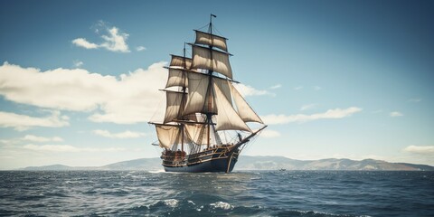 a large sailing ship in the middle of the ocean - obrazy, fototapety, plakaty