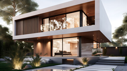 Immerse yourself in the beauty of modern architecture with this stunning image showcasing a beautiful house design featuring a bold, geometric facade, an open concept living space.