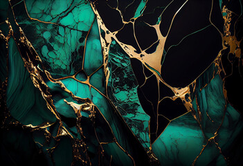 A green and gold abstract marble pattern wallpaper. Generative AI