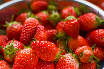 A lot fresh strawberries in a bowl. Freshly harvested.