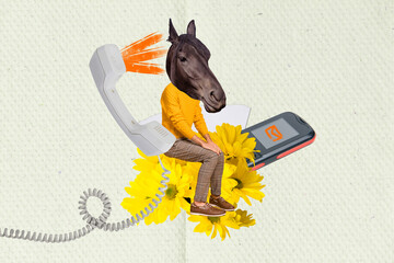 Photo absurd artwork template collage of head wild horse man call center operator answer phone...