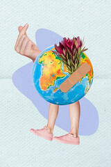 Vertical placard collage of headless person legs with body world globus plaster green flowers show...