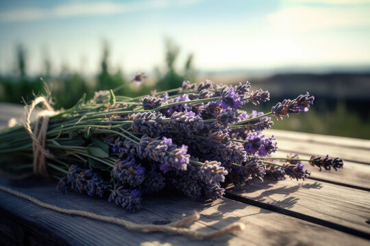 Countryside Lavender Display. Fragrant Lavender Stems on a Rustic Wooden Table. Rural Elegance AI Generative.
