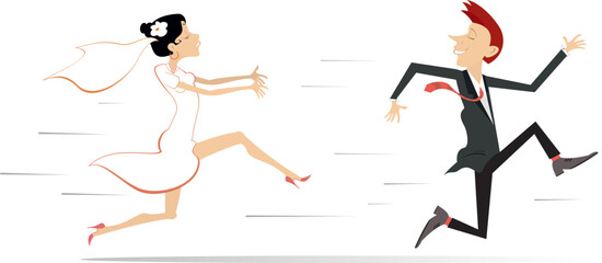 Married wedding couple. Bridegroom runs away from the bride illustration. 
Upset bride trying to catch up a runaway bridegroom. Isolated on white background
