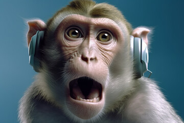 Monkey in headphones listening music. Generative ai