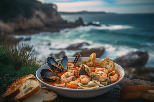 Mediterranean Sea Feast. Dive into a mouthwatering dish of bouillabaisse served on a vibrant plate, accompanied by a breathtaking beach background. Copy space. Cuisine concept AI Generative