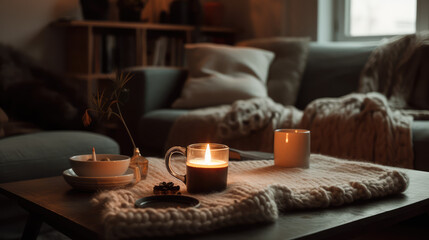 Fototapeta na wymiar Cozy Relaxation Retreat. An Empty Coffee Table in a Tranquil Living Room Scene. Home Comfort AI Generative. 