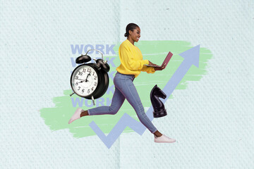 Collage of young successful business lady use netbook run bet binance graphic stock strategy planning investor isolated on drawn background