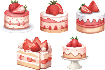 Vector set of strawberry cakes and desserts illustration