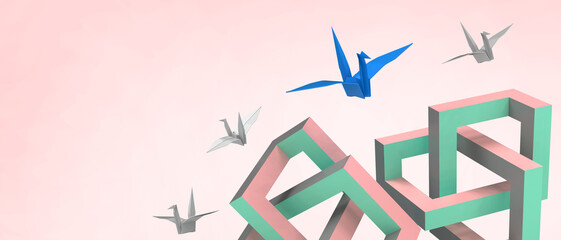 Paper Bird and Creative Ideas with Success in Developing a New Generation of Leaders for Doing Business in the Online Market concept on red background. copy space, banner, website, poste- 3d rendering