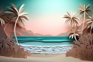 Fototapeta na wymiar Layered paper palm trees on the sand beach, ocean. paper art. summer colors, dreamy sky background, Generative AI