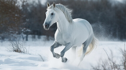 Plakat Beautiful white horse galloping in the snow.generative ai