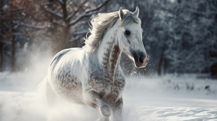 Naklejka na ściany i meble Beautiful white horse galloping in the snow.generative ai