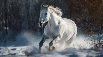 Obraz na płótnie Canvas Beautiful white horse galloping in the snow.generative ai