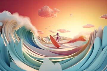 Fototapeta na wymiar Multilayer paper surfer on wave doing trick, paper art. summer colors, dreamy sky background, Generative AI