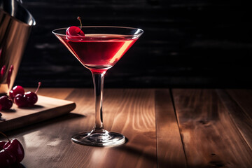 Cosmopolitan drink, Refreshing Red Berry Cocktail, drinkink glass on wooden table | Ai generative