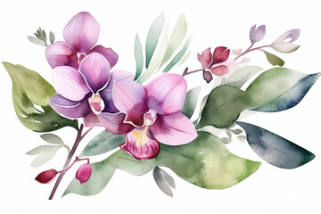 orchid and leaves watercolor flower illustration, for greeting card, invitation card for wedding, birthday and other holiday, white background