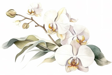 Obraz na płótnie Canvas orchid and leaves watercolor flower illustration, can be used as greeting card, invitation card for wedding, birthday and other holiday, white background