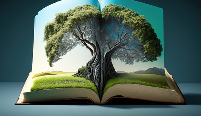 The concept of a book or tree of knowledge growing from an old open book