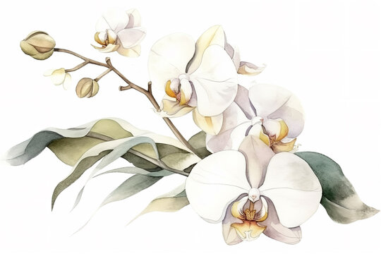 orchid and leaves watercolor flower illustration, can be used as greeting card, invitation card for wedding, birthday and other holiday, white background