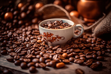 Fototapeta premium A cup of coffee sitting on top of a pile of coffee. Generative AI