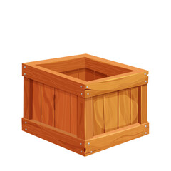 Wooden box, delivery container in cartoon style, game asset isolated on white background. Wood packing, open textured.