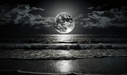 Full moon reflecting water over dark black sky at night
