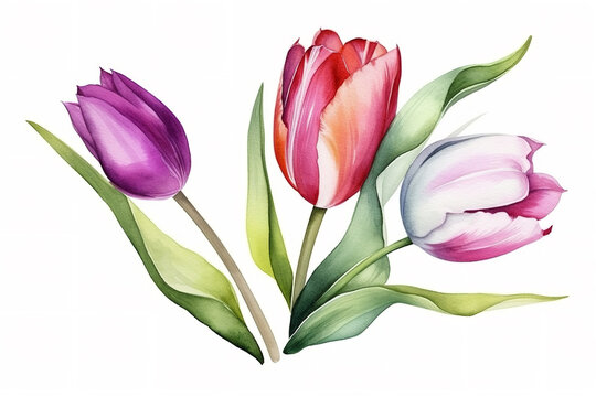 tulip and leaves watercolor flower illustration, can be used as greeting card, invitation card for wedding, birthday and other holiday, white background