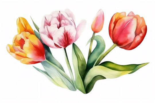 tulip and leaves watercolor flower illustration, can be used as greeting card, invitation card for wedding, birthday and other holiday, white background