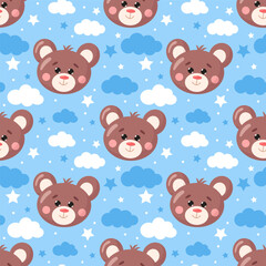 Vector seamless baby pattern, backdrop for wallpaper, print, textile, fabric, wrapping. Cute bear on blue background. Baby shower, newborn concept.