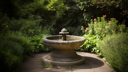 A serene water fountain surrounded by neatly trimmed bushes and plants in a peaceful garden setting.