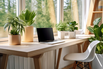 Fototapeta premium wooden table with laptop computer, modern workplace in bright scandinavian interior, plants in pots, created with Generative AI